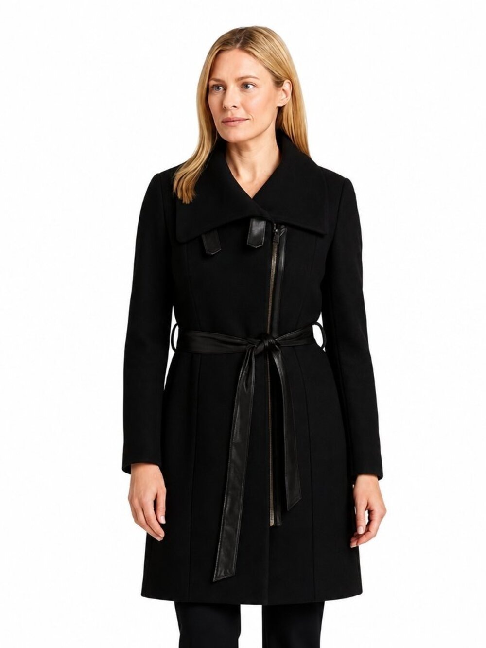 Jessie G Black Wool Coat with Faux Leather Belt & Trim/Women’s Size L